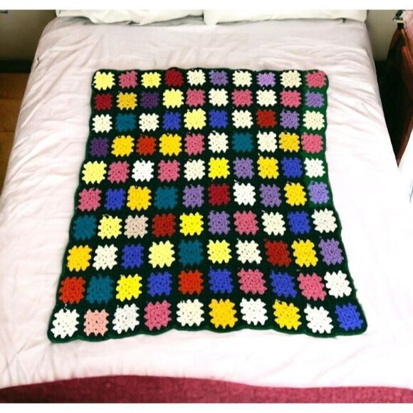 Granny Square Afghan Crochet Throw Blanket Bright Colors Couch Sofa Chair 43x46